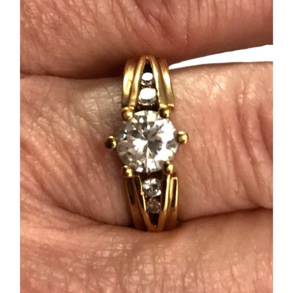 Gold Tone Cocktail Engagement Ring CZ Solitaire & Graduated Side Stones Sz 9.75 - Picture 2 of 5